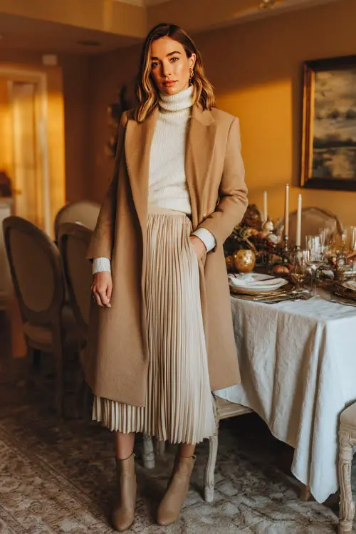 A woman wears a tailored camel coat over a cream turtleneck sweater, pleated midi skirt, and ankle boots, standing beside a beautifully set Thanksgiving dining table indoors