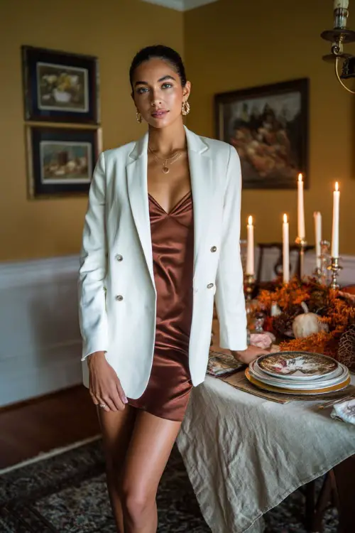A woman wears a tailored white blazer over a brown slip dress with delicate jewelry and high heels, standing by a Thanksgiving dinner setup with candles