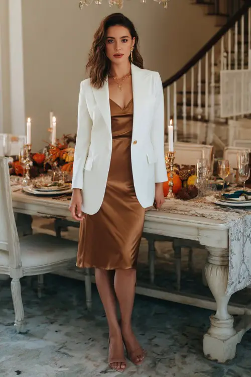A woman wears a tailored white blazer over a brown slip dress with delicate jewelry and high heels, standing by a Thanksgiving dinner setup with candles