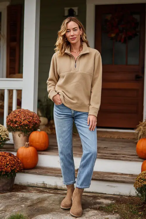 A woman wears a tan half-zip fleece pullover with straight-leg jeans and suede ankle boots, standing on a front porch decorated with pumpkins and fall wreaths