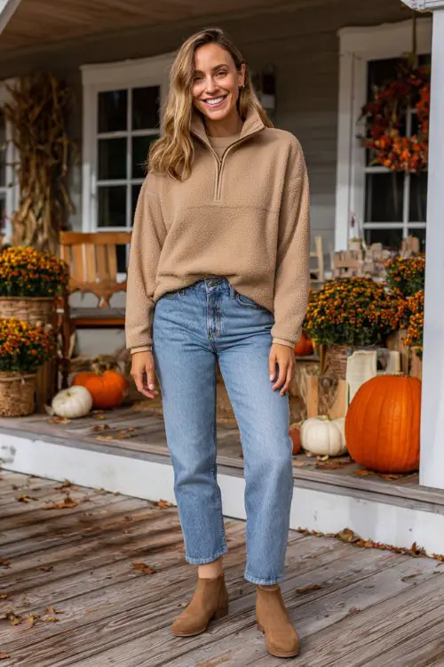 A woman wears a tan half-zip fleece pullover with straight-leg jeans and suede ankle boots, standing on a front porch decorated with pumpkins and fall wreaths
