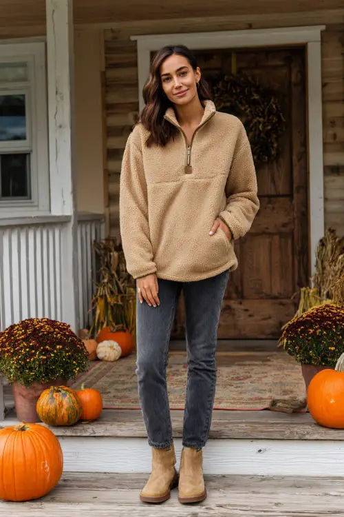 A woman wears a tan half-zip fleece pullover with straight-leg jeans and suede ankle boots, standing on a front porch decorated with pumpkins and fall wreaths