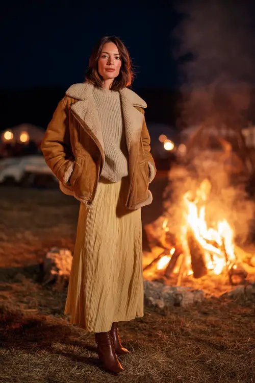 A woman wears a tan shearling jacket over a sweater and maxi skirt with heeled boots