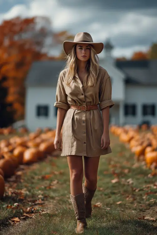 A woman wears a tan shirt dress with a belt, paired with boots and a felt hat, walking across a yard filled with pumpkins and autumn leaves