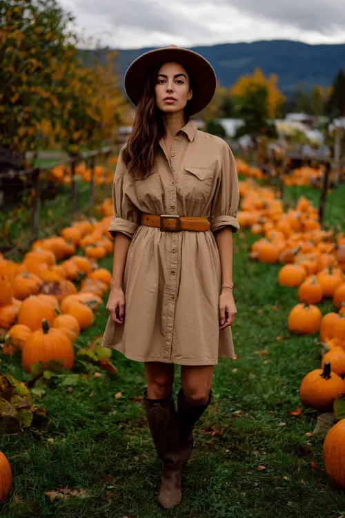 A woman wears a tan shirt dress with a belt, paired with boots and a felt hat, walking across a yard filled with pumpkins and autumn leaves
