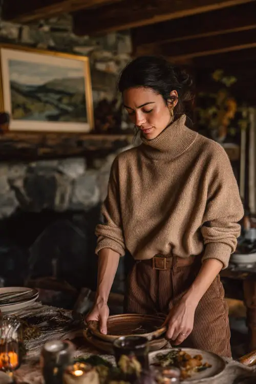 A woman wears a tan turtleneck sweater, brown corduroy pants, and loafers, arranging dishes on a rustic Thanksgiving dining table