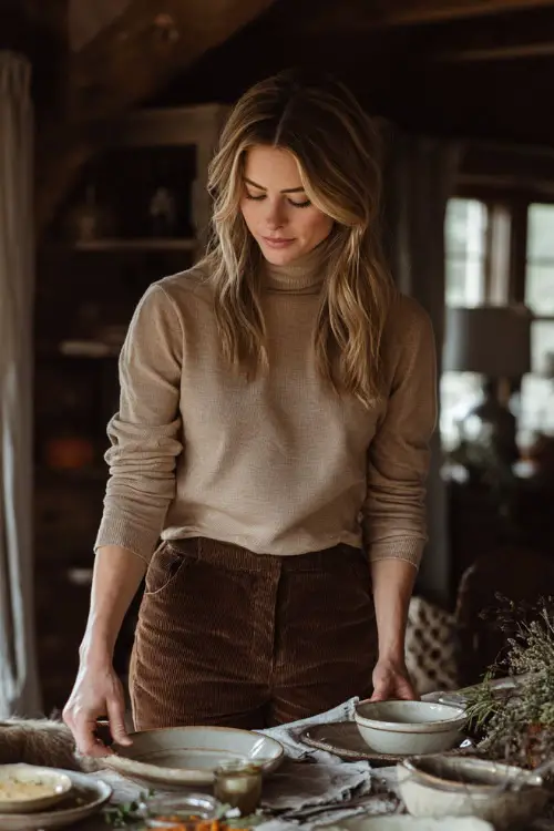 A woman wears a tan turtleneck sweater, brown corduroy pants, and loafers, arranging dishes on a rustic Thanksgiving dining table