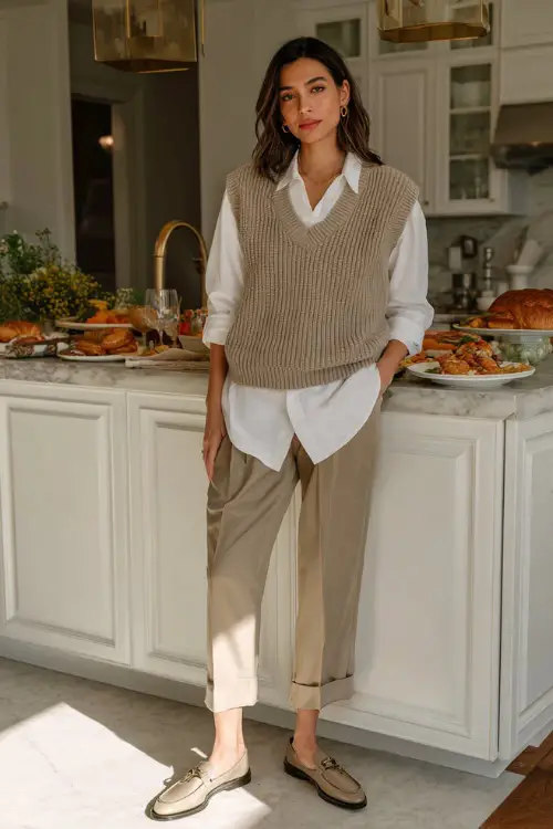 A woman wears a taupe sweater vest layered over a white shirt, paired with pleated trousers and loafers, enjoying Thanksgiving brunch in a bright kitchen