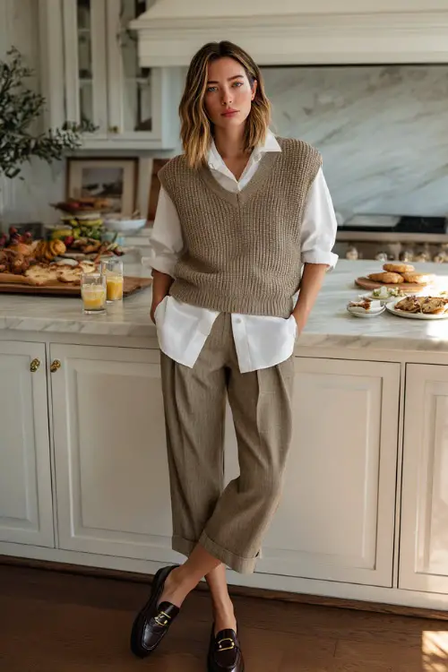 A woman wears a taupe sweater vest layered over a white shirt, paired with pleated trousers and loafers, enjoying Thanksgiving brunch in a bright kitchen