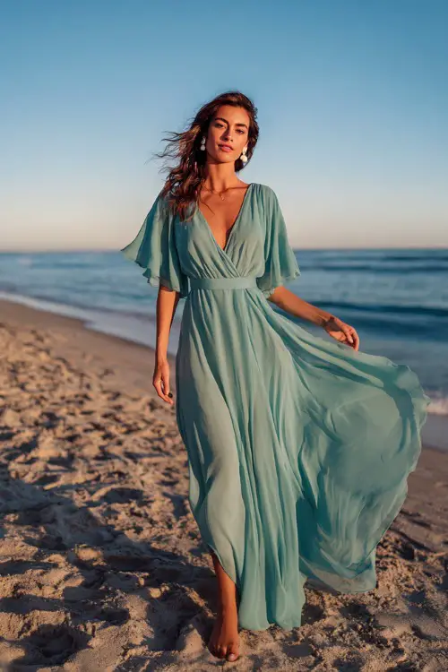 A woman wears a teal chiffon maxi dress with flutter sleeves and a flowy skirt, paired with flat sandals and pearl earrings 