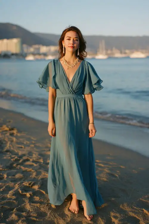 A woman wears a teal chiffon maxi dress with flutter sleeves and a flowy skirt, paired with flat sandals and pearl earrings