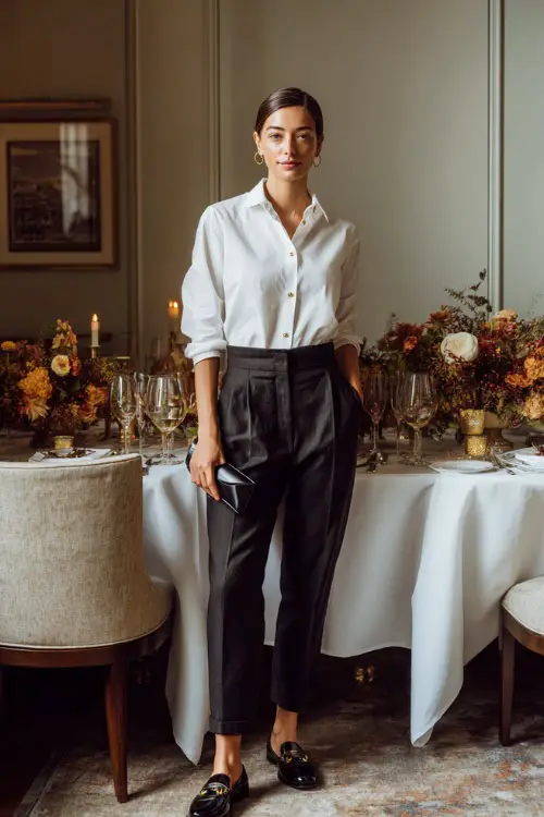 A woman wears a white button-up shirt tucked into high-waisted trousers with loafers and a sleek clutch