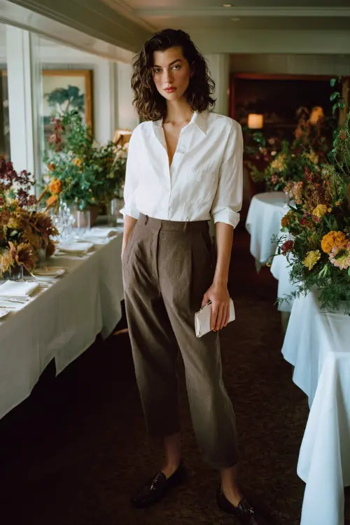 A woman wears a white button-up shirt tucked into high-waisted trousers with loafers and a sleek clutch