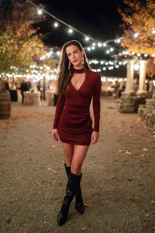 A woman wears a wine-red long-sleeve mini dress with a high neckline and subtle shimmer, paired with black heeled boots and gold earrings 