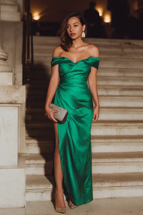 A woman wears an emerald green off-shoulder satin gown with a slit, standing on marble stairs of an elegant venue. She pairs it with silver heels, a metallic clutch