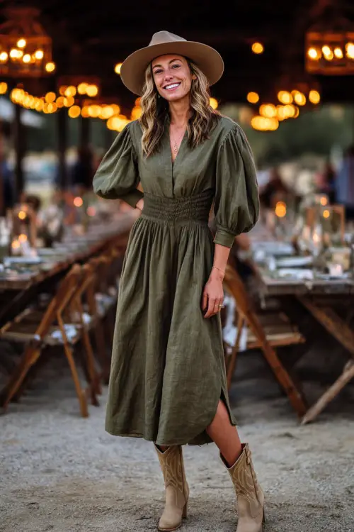 A woman wears an olive green midi dress with puff sleeves and a flowy skirt, styled with beige cowgirl boots and a felt hat 