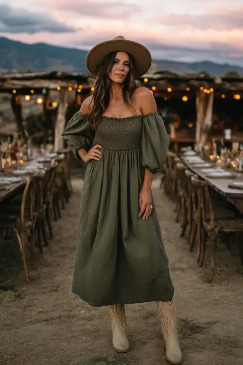 A woman wears an olive green midi dress with puff sleeves and a flowy skirt, styled with beige cowgirl boots and a felt hat