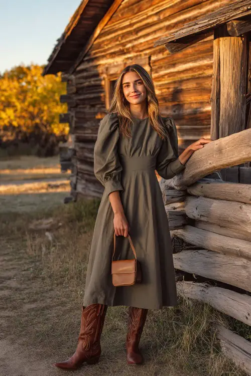 A woman wears an olive green puff-sleeve midi dress with a fitted bodice and brown leather cowboy boots, standing near a rustic barn surrounded by warm fall colors