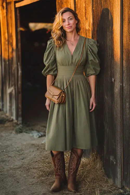 A woman wears an olive green puff-sleeve midi dress with a fitted bodice and brown leather cowboy boots, standing near a rustic barn surrounded by warm fall colors