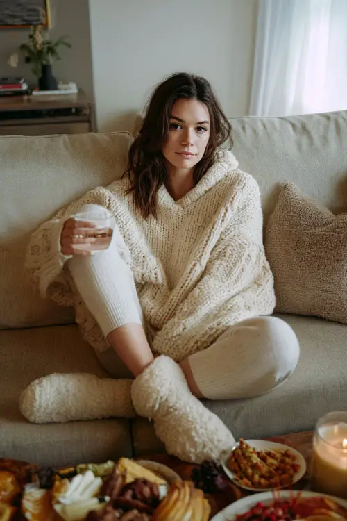 A woman wears an oversized cream knit sweater with soft leggings and fuzzy socks, lounging on a couch with a Thanksgiving dinner spread nearby
