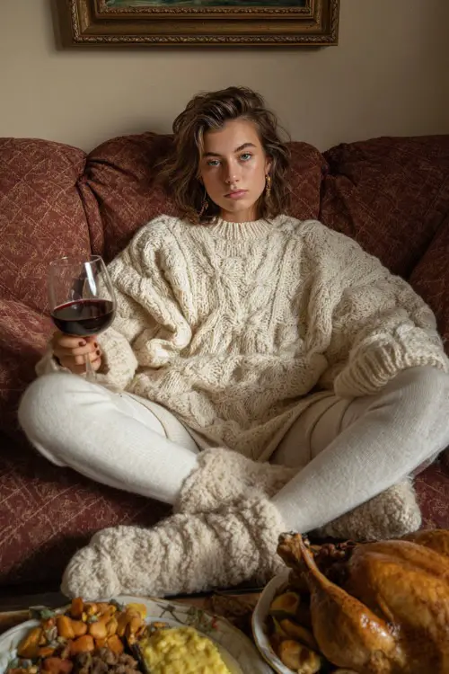 A woman wears an oversized cream knit sweater with soft leggings and fuzzy socks, lounging on a couch with a Thanksgiving dinner spread nearby