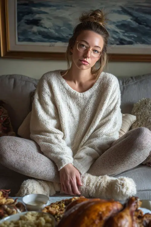 A woman wears an oversized cream knit sweater with soft leggings and fuzzy socks, lounging on a couch with a Thanksgiving dinner spread nearby