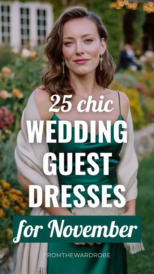 a woman wears a green satin fall wedding guest dress with a cream cardigan