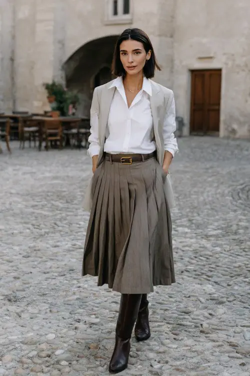 A woman in 50 wears a crisp white button-down shirt tucked into a pleated taupe midi skirt, paired with leather riding boots and a tailored blazer