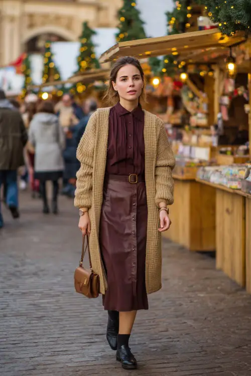 A woman in a camel sweater layered over a burgundy midi shirt dress, gold watch, leather crossbody bag, and black heeled loafers, walking through a refined European Christmas street market