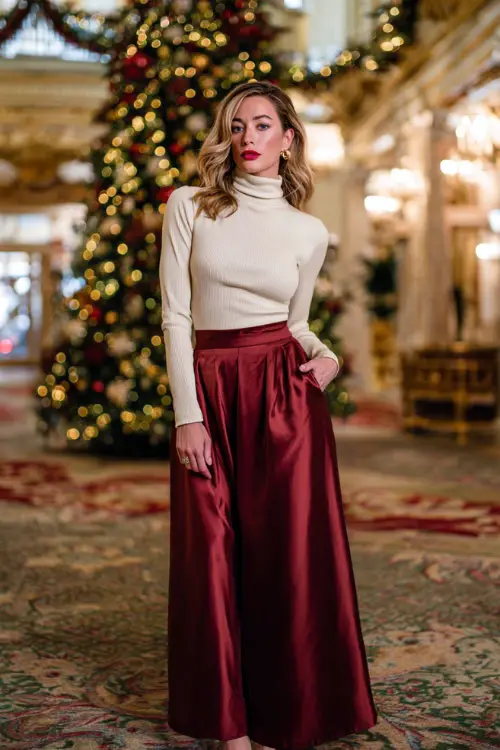 A woman in a cream cashmere turtleneck tucked into a burgundy satin maxi skirt, paired with gold jewelry, soft waves, and slingback heels 