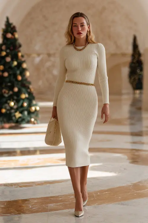 A woman in a cream long-sleeve wool midi dress with gold chain necklace and pointed slingback heels, posing in a bright minimalist marble foyer with subtle Christmas ornaments