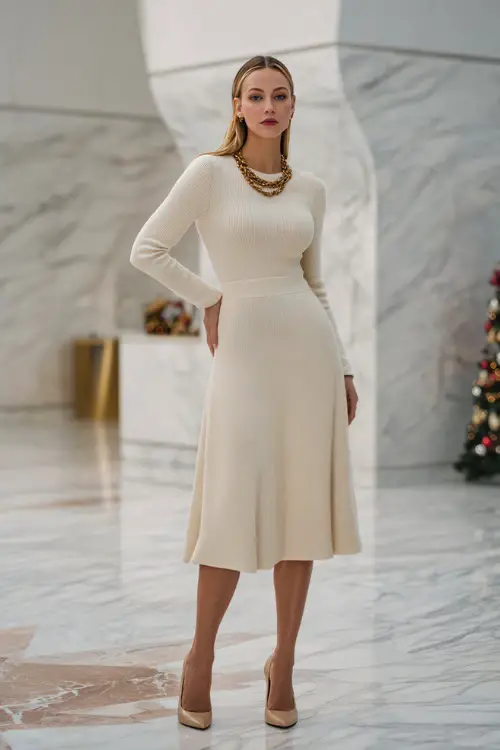A woman in a cream long-sleeve wool midi dress with gold chain necklace and pointed slingback heels, posing in a bright minimalist marble foyer with subtle Christmas ornaments
