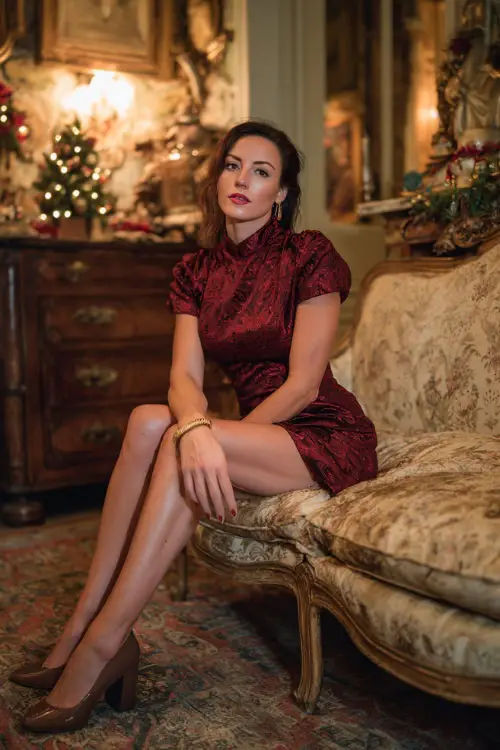 A woman in a dark red brocade dress with short sleeves, gold accessories, and elegant block heels, posing in a refined room styled with antique Christmas décor