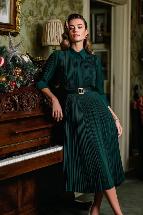 A woman in a forest green pleated midi dress with a gold belt, diamond studs, and heeled loafers, posing beside a vintage piano adorned with Christmas ornaments