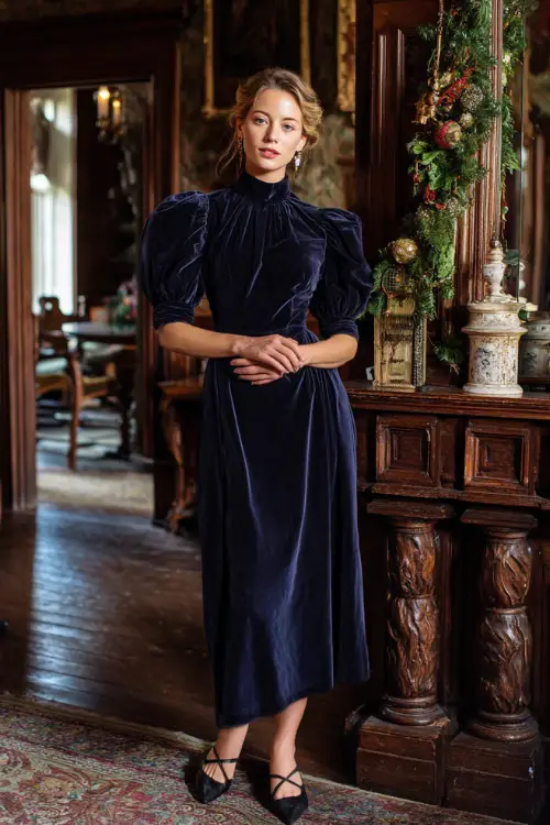 A woman in a navy velvet high-neck dress with puff sleeves, diamond earrings, and heeled Mary Janes, posing inside a stately home with festive garlands and rich wooden furniture 