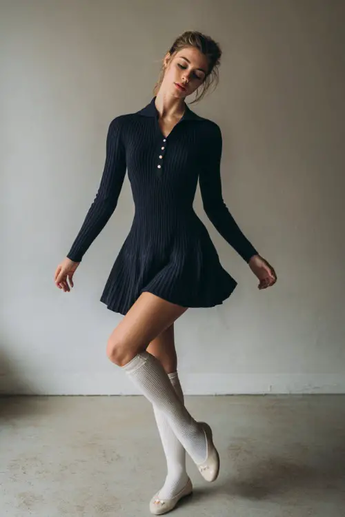 A woman in a navy wool sweater dress with rib texture, pearl button accents, white ankle socks, and leather ballet flats, posing in a minimalist festive indoor studio