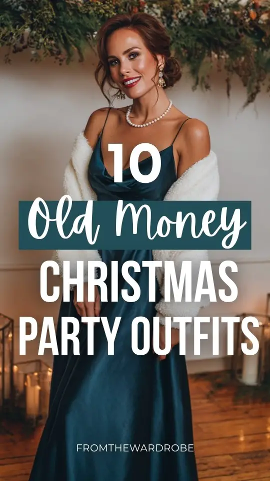 A woman in an old money outfit with a dark teal satin gown with an oversized white cardigan and pearl accessories for a Christmas party