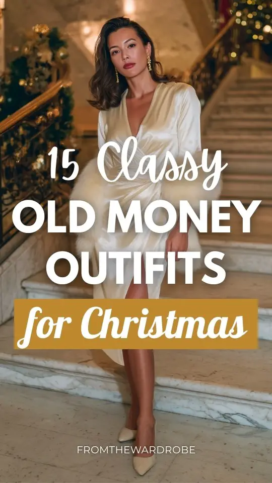 A woman in an old money outfit with a white satin long-sleeve wrap dress with gold drop earrings, a soft fur stole, and polished pumps for Christmas