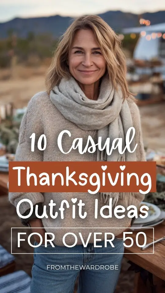 A woman over 50 in a casual Thanksgiving outfit with a cozy beige sweater layered with a scarf and relaxed-fit jeans