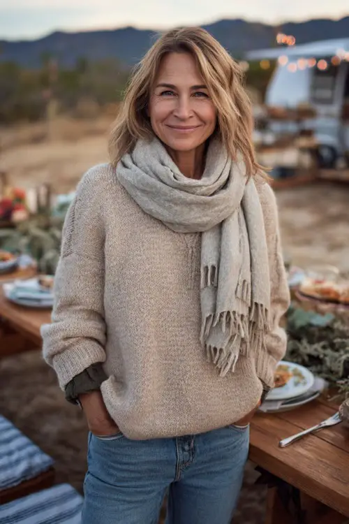 A woman over 50 in a cozy beige sweater layered with a scarf and relaxed-fit jeans, standing outdoors with family near a Thanksgiving picnic setup