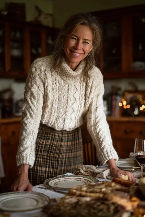 A woman over 50 in a cozy cream sweater tucked into a pleated skirt with tights and loafers, smiling while setting the Thanksgiving dining table 