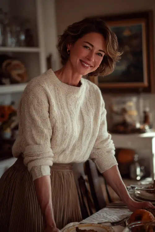 A woman over 50 in a cozy cream sweater tucked into a pleated skirt with tights and loafers, smiling while setting the Thanksgiving dining table 