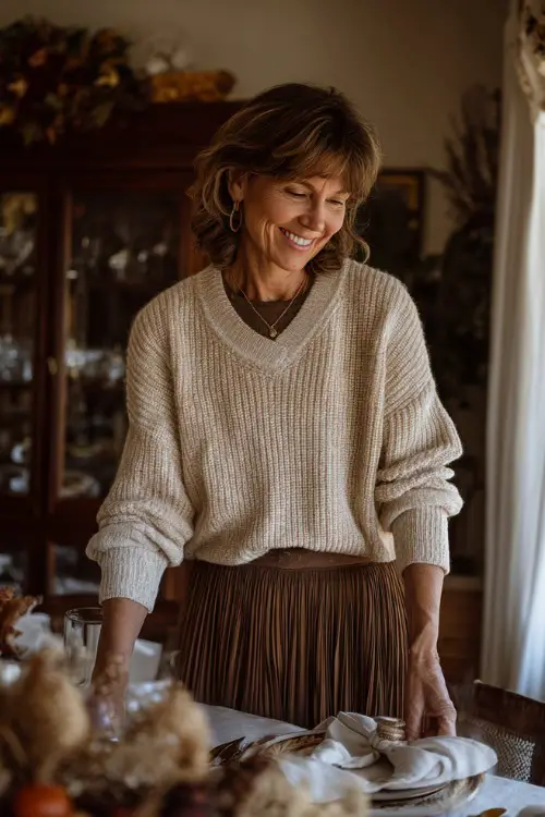 A woman over 50 in a cozy cream sweater tucked into a pleated skirt with tights and loafers, smiling while setting the Thanksgiving dining table