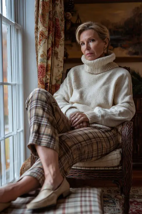 A woman over 50 in a cream turtleneck sweater tucked into plaid trousers with loafers, sitting near a window surrounded by warm Thanksgiving decor