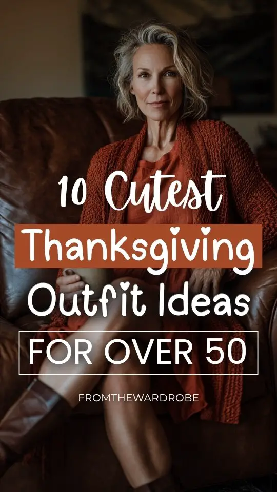 A woman over 50 in a cute Thanksgiving outfit with a rust-colored knit dress with a long cardigan and heeled boots