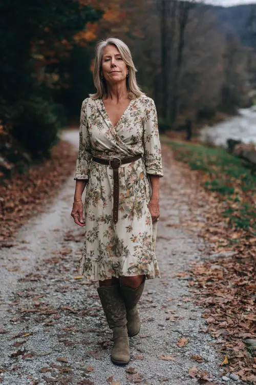 A woman over 50 in a floral midi dress with a belt and suede boots, walking outdoors on a leaf-covered path toward a Thanksgiving gathering 