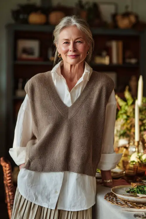 A woman over 50 in a light brown sweater vest layered over a white blouse and pleated skirt, standing beside a Thanksgiving brunch table 