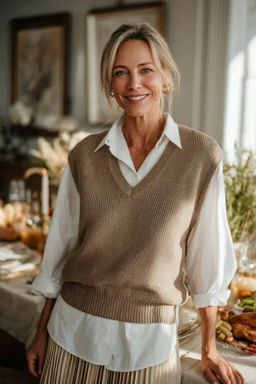 A woman over 50 in a light brown sweater vest layered over a white blouse and pleated skirt, standing beside a Thanksgiving brunch table 