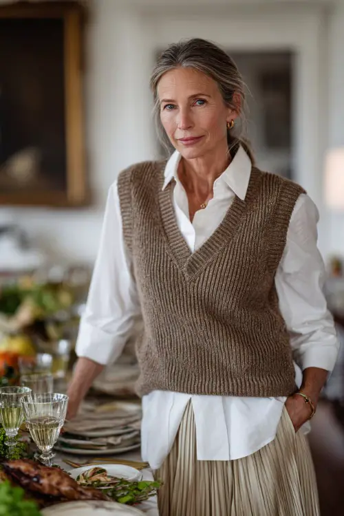 A woman over 50 in a light brown sweater vest layered over a white blouse and pleated skirt, standing beside a Thanksgiving brunch table