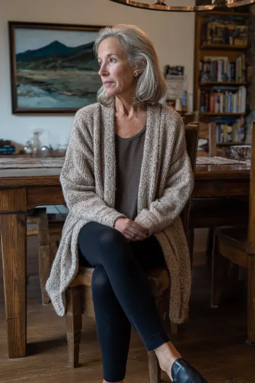 A woman over 50 in a long cardigan over a soft top and black leggings, wearing loafers while chatting with family near a Thanksgiving dining table 